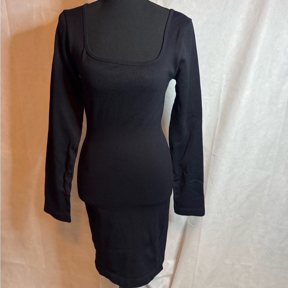 Black Long Sleeve Square Neck Ribbed Bodycon Dress